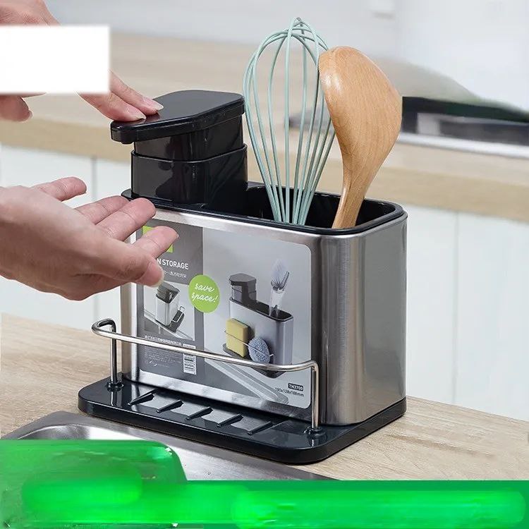 Kitchen sink organizer with soap dispenser