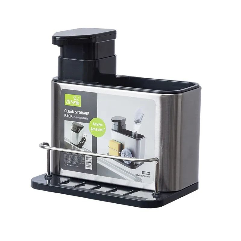 Kitchen sink organizer with soap dispenser