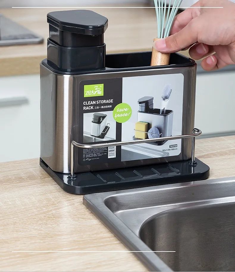 Kitchen sink organizer with soap dispenser