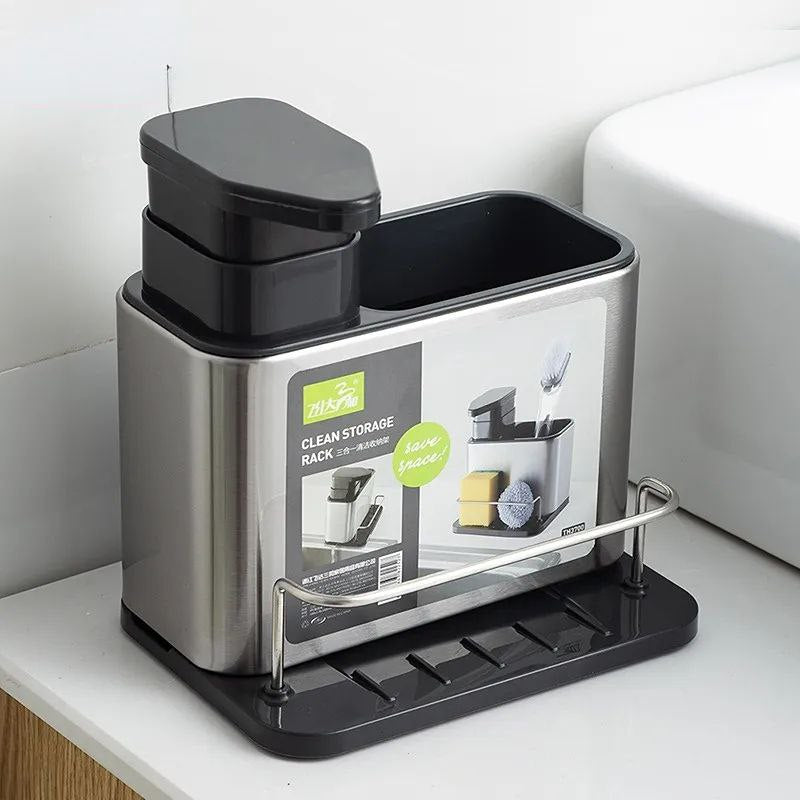 Kitchen sink organizer with soap dispenser